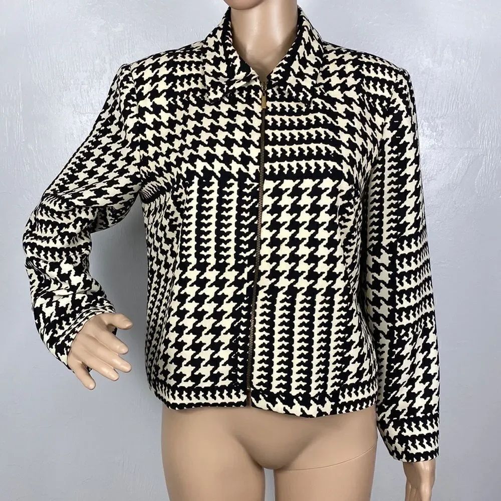 David Warren New York black & cream houndstooth full zip cropped jacket size 10